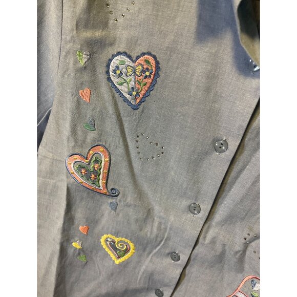 BonWorth Blue Short Sleeve Heart Embroidered Button Up Blouse Top SZ Small - Picture 5 of 7
